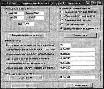 Вывод результатов оптимизации по расчету биологической, пищевой и энергетической ценности для кускового мяса